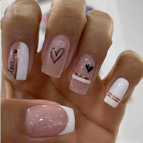 Goiern Lot de 24 faux ongles à presser blancs pailletés - Forme carrée - En forme de cœur noir - Ongles artificiels réutilisables