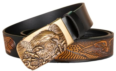 NALANY Gürtel Herren Adler Flagge Prägung Ledergürtel Ratsche Automatikschließe Mit Adler Automatische Schnalle Herrenbekleidung Business Anzug Gürtel 35mm Breit(120cm/47, Black)