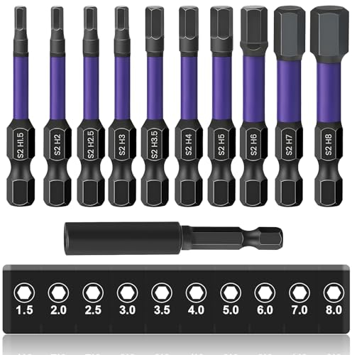 JOLIGAEA 10 pezzi Punte per Cacciavite Esagonale Magnetiche, 1/4 Punte Esagonali Inserti per Avvitatore Professionali Lunghi da 50mm, Hex Allen Power Bit Set in Acciaio S2, H1,5/2/2,5/3/3,5/4/5/6/7/8