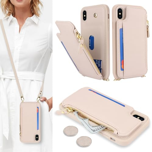 SailorTech Coque pour iPhone X Étui avec Porte-Cartes de crédit, Etui pour iPhone XS Housse avec Courroie de Cou Portefeuille avec Fentes pour Cartes de crédit-Abricot