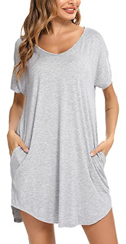 Aseniza Nachthemd Damen Kurzarm Schlafshirt Knielang mit Taschen Sommer | 95% Baumwolle 5% Elasthan Nachtwäsche weicher atmungsaktiver Stoff hautfreundlich lockerer Schnitt bequem zum Schlafen