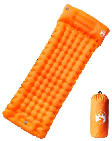 vidaXL Isomatte, Luftmatratze mit Integriertem Kissen Fußpumpe, Campingmatte Erweiterbar Selbstaufblasend, Schlafmatte, Orange 40D-Nylon
