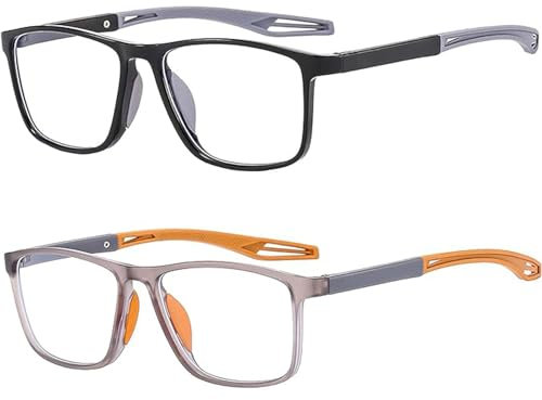 Hubeye 2 Pairs TR90 Sports Reading Glasses for Men and Women Square Comfortable Flexible Blue Light Blocking Computer Reader 1.50