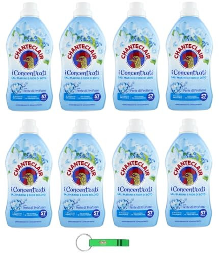 8 x Chanteclair I Concentrati – Ammorbidente concentrato, profumo di sale marino e fiore di loto, per vestiti morbidi e profumati – 57 lavaggi 1140 ml + portachiavi Beni Culinari