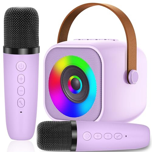 Karaoke Niños con 2 Microfono Inalambricos, Portátil Microfono Niños con Luces LED, Máquina de Karaoke Bluetooth Regalos para Niñas Juguete Fiestas de Familiares