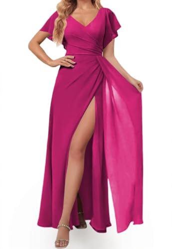 HPPEE Vestidos de dama de honor con cuello en V para mujer, con mangas con vuelo, vestido formal largo de gasa con abertura, fucsia, 42