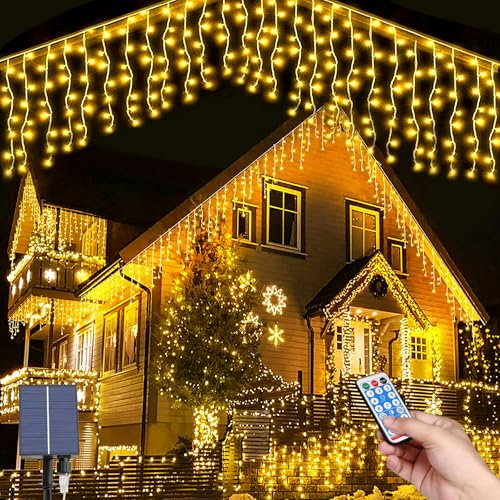 Hulaiyaa Solare Eiszapfen Lichter, 5M Solar Lichterkette Weihnachtsbeleuchtung mit Fernbedienung, 32 * 0.8M 256LEDs Wasserdicht Solar Lichterkette Deko für den Courtyard Garden Street Park