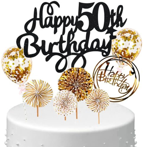 Anlgdi Tortendeko Happy Birthday Deko Kuchen Topper 50. Geburtstag Frau, Cake Topper Happy 50th Birthday Schwarz Gold, Kuchendeko 50 Jahre Torte Kuchen Deko für Geburstagstorte Deko 50. Männer Frauen