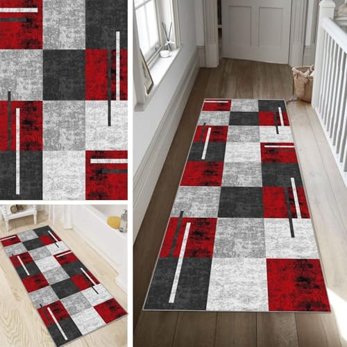 Poaegle Geometrisch Teppich Läufer Flur Grau Rot Lang rutschfest Kücheläufer Waschbar Schlafzimmer Bunt Teppich Läufer 40x120cm Dauerhaft Läuferteppich Flurläufer Korridor Fußmatte Meterware