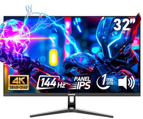 Gawfolk Gaming Monitor 32 Zoll UHD 4K 144Hz, IPS PC Bildschirm mit Lautsprecher, Computerbildschirm mit FreeSync, HDMI, DisplayPort, 178° Weiter Betrachtungswinkel, unterstützt VESA 75 * 75MM