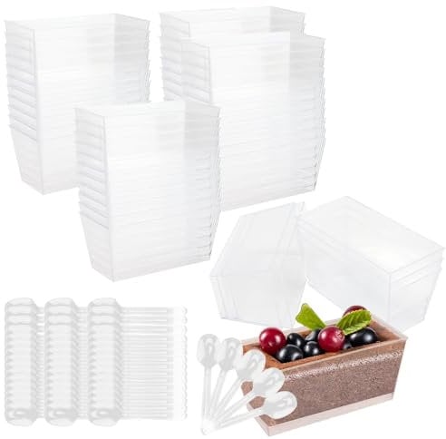 50 pcs Clear PP Dessert Cups, 140ml Mini Rectangle Dessert Bowls, Multi-use Parfait Appetizer Cup, Reusable Cheesecake Pots with 50Pcs PP Spoons for Moussees Puddings Tiramisu Desserts Party Supplie