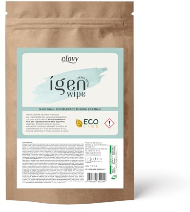 Clovy 60 Salviette Igienizzanti per Superfici 20x20cm, in Spunlace Monouso Pre-Impregnato con Soluzione Idroalcolica, Alcool Superiore al 70%, per Scuole, Alberghi, B&B, Ufficio e Ambienti Sanitari