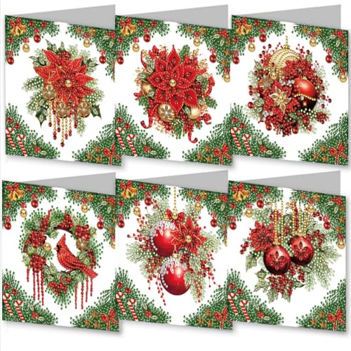 Meecaa Flower Bird Garland 6pcs Handmade 5D Diamond Painting Christmas Greeting Cards for Adults, DIY Diamond Art Postcards for Friends Family Lover Gift (15CMx30CM) (Flower)