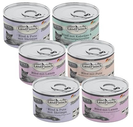 Landfleisch Cat Pastete – 6 x 195g | Getreidefreies Katzen Nassfutter | 4-Sorten-Mix | Hoher Fleischanteil | Mit Taurin, Vitaminen & Zink | Ohne Soja & künstliche Zusatzstoffe