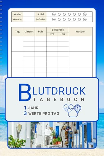 Blutdruck Protokoll »Ägäis« mit Medikamentenplan: 1 Jahr 3 mal täglich Blutdruck Werte und Puls erfassen, einfache Verwendung für Frauen und Männer, alle Altersgruppen