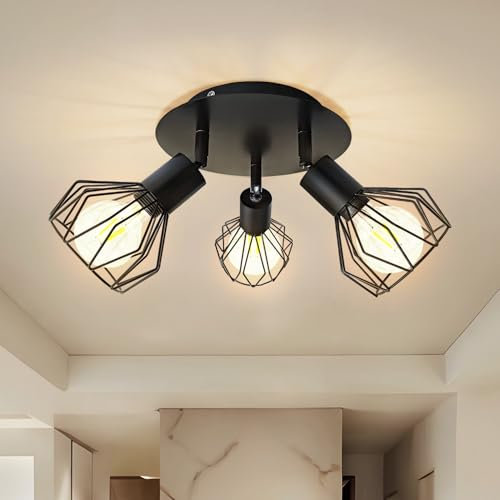 Sweier 3-Flammiger LED Deckenstrahler, 350° Schwenkbar mit Metallgitter, Vintage Deckenspot für Küche, Flur & Arbeitszimmer, Max 40W (Ohne Birnen)