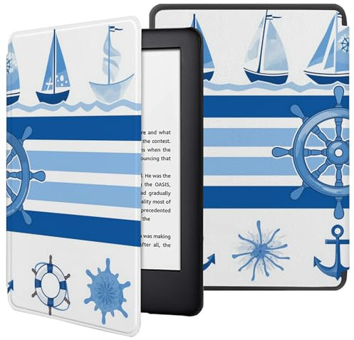 Étui en Cuir PU pour Kindle Voyage 2014, Housse de Protection pour liseuse Kindle Voyage avec Veille/réveil Automatique - Gouvernail Voilier