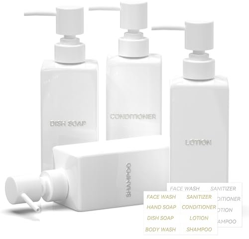 RTUOHUIN Seifenspender Glas, 4er 350 ml weiß Seifenspender Set für Küche und Badezimmer, Moderne Spülmittelspender, Shampoo Flaschen zum Befüllen mit Kunststoffpumpe Wasserdichten Etiketten