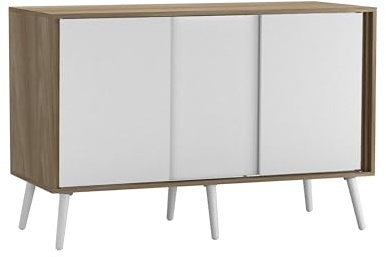 URBNLIVING 3-Door Sliding Sideboard Cabinet with Wooden Legs, Modern Cupboard, Credenza for Living Room, Dining Room or Office, Storage Organizer with Stylish Sliding Doors, Mix & Match Colour Combos