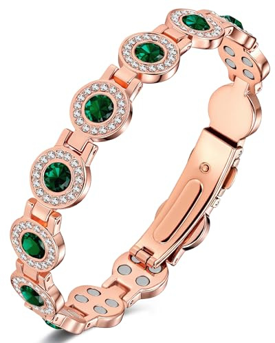 Jeracol Kupferarmband Dame, Magnetarmband mit je 4 Magneten pro Glied und kreisrunden Kristallen, 99% reines Kupfer, Schmuckgeschenk (Smaragd)