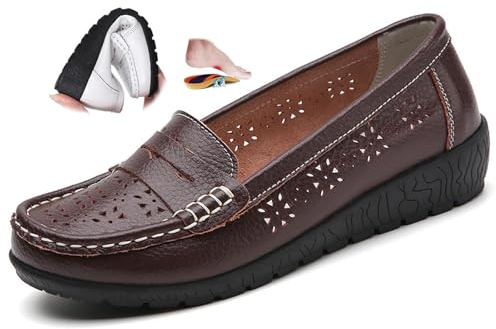 Mocassins orthopédiques pour femme en cuir respirant, large coupe mocassins classiques, mocassins de conduite, travail, chaussures d'allaitement, Coffee H, 35 EU