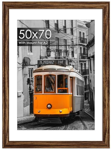 QPQIYIY 50x70cm Brown Frame, Engineered Wood and Plexiglass, Picture Frames 50cmx70cm with Mount for A2 Prints, Photos, and Posters, Wall Mountable, Poster Frames 50 x 70cm