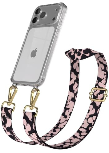 EAZY CASE Handykette - Verstellbares Taschenband kompatibel mit iPhone 17 Pro Max, Schulterriemen, Handykordel mit Silikon Hülle, Umhängetasche, Rosa Camouflage Gold