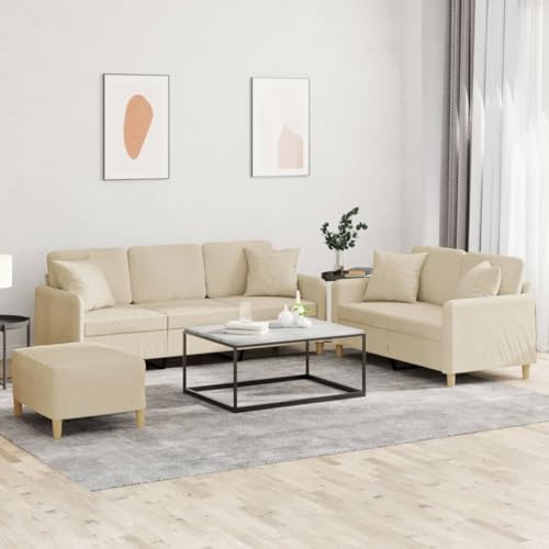 Mandloder 3-TLG. Polster-Sofagarnitur, Creme, aus strapazierfähigem Stoff, Robustes Metall-Sperrholz-Gestell, Bequeme Kissen, für stilvolles Wohnzimmer, ideal zum Entspannen & Fernsehen