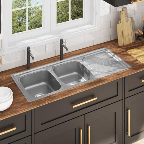 Mokuyary Lavello da cucina doppio con filtro e sifone in acciaio inox, lavello da cucina, lavandino per cucina, garage, ristorante, lavandino