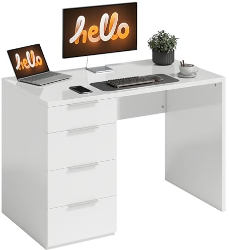 HOMCOM Bureau d'ordinateur à Haute Brillance avec 4 tiroirs, 110 x 60 cm, Bureau avec Rangement, Style Moderne, Table Informatique pour Chambre, Petit Espace, télétravail, Blanc