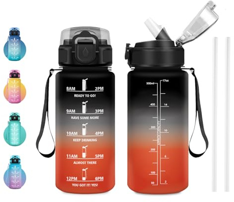 JAPORIA Trinkflasche Sport 500ml Auslaufsicher, Wasserflasche mit Strohhalm und Zeitmarkierung, Sportflasche Kohlensäure Geeignet für Camping, Fahrrad