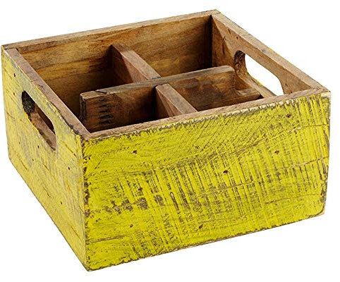 APS 11637 VINTAGE Holz Tisch Caddy mit 4 Rovable Comparments (7x7 cm), 17 x 17 x 10 cm Gelb