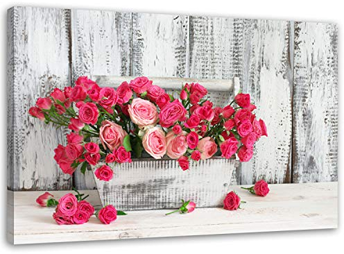 Feeby Wandbilder Blumen Rote Rosenstrauß XXL 120x80 cm 1Teilig Bilder Leinwandbilder Modern Bild auf Leinwand Kunstdruck Wanddekoration Deko Wand Wohnzimmer Schlafzimmer Stillleben Pflanzen Holz Grau