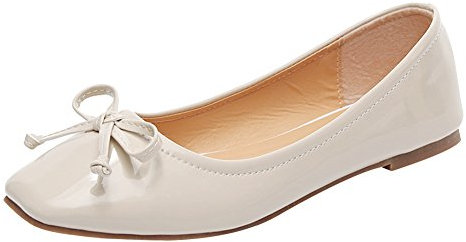 Jamron Women Lovely Bow Tie Ballerinas Comfy Square Toe Ballet Flats Slippers Pumps Dolly Shoes Beige SN02911 UK4.5