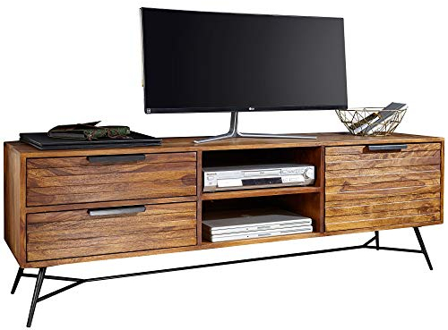 FineBuy Lowboard Nishan 160x54x40 cm Sheesham Massiv Holz, Design HiFi-Board mit Stauraum und Schubladen, Massivholz Fernsehschrank Wohnzimmer, Industrial Fernsehkommode mit Metallbeinen