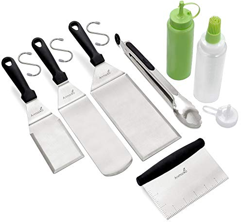 Metal Spatula and Scraper Set - Griddle Accessories kit - Grill Tongs Flat Spatula Pancake Flipper Hamburger Turner Squeeze bottles Set - Metal Utensil Great for BBQ Grill Flat Top Cast Iron