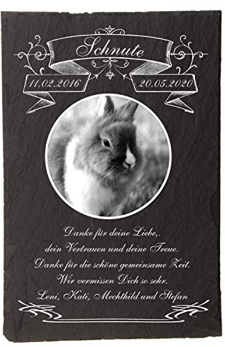 Pokal Center Westerheider Tiergrabsteine Kaninchen mit eigenem Foto, Grabsteine für Kaninchen, Gedenktafel für Haustiere aus Naturschiefer, mit personalisierten Text und Bild, 30x20cm