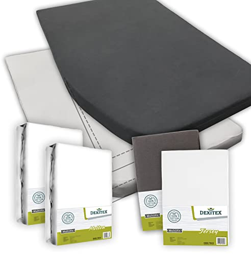 Dexitex - Spannbettlaken Wohnmobil 4er Set- 1 Spannbettlaken Antrazith +1 Weiß mit 2 Molton Links (130-160cm x 200cm)- Französische Bettwäsche - für Wohnwagen Matratzen - Oeko-TEX - 100% Baumwolle