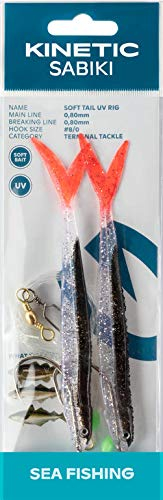 Sabiki Kinetic Soft Tail UV Rig, Vorfach mit 2 Gummifischen in Sandaalform, Länge 130cm, Haken 8/0, Schnur 0,80mm (Black Fire Tail)
