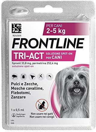 FRONTLINE TriAct, 1 Pipetta, Cane S (2-5 Kg), Antiparassitario per Cani e Cuccioli di Lunga Durata, Protegge il Cane da Pulci, Zecche, Zanzare, Pappataci e Leishmaniosi, Antipulci 1 Pipetta