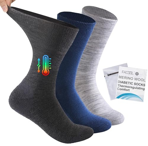 Facool Diabetic Socks for Men Women, Loose Fit Wool Soft Circulatory Medical Socks for Diabetes, Circulation, Swollen Feet, Neuropathy, Edema, Elder, 3 Pairs Light Gray+Deep Gray+Navy Blue, Large