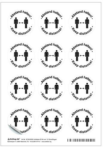 Hinweisschild Abstand halten! Keep Distance! Folie, weiß, Ø 40 mm 12 Stück/Bogen Helmaufkleber