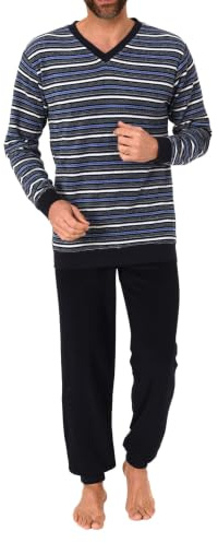 Herren Frottee Schlafanzug, Pyjama mit Bündchen in Streifenoptik - 65319, Farbe:Navy, Größe:48