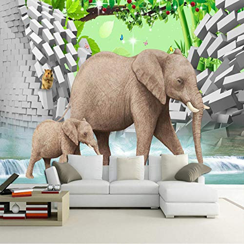 Photo Papier Peint Mur de briques éléphant 3D Intissé Décoration Murale XXL Poster Trompe l oeil Tableaux Muraux pour Salon Chambre Toile de Fond Mur 250x175cm