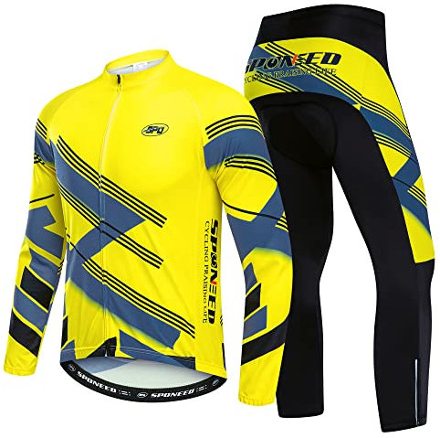 sponeed Cycling Warm Up Suits Long Sleeve Men's Jackets and 4D Padded Pants Fleece Riding Clothing US M Yellow