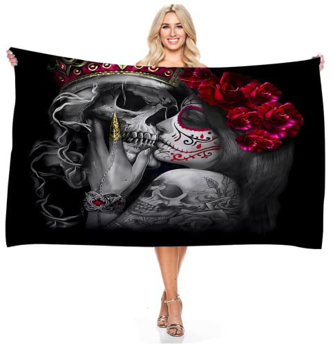 Ailaikei schreck Skull Strandtuch,Weiche Handtücher mit Schädel und Rosen Motiv,Badetuch groß,Saugfähig Schnelltrocknend Strandtücher, Schwarzer Skull Badetuch (3,200x100cm)