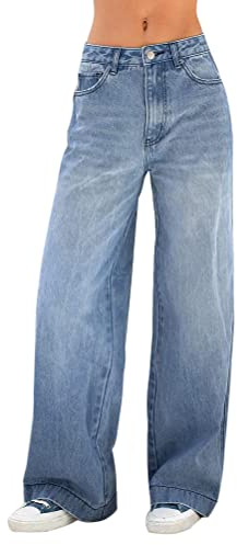 ORANDESIGNE Y2K Jeans Baggy Taille Basse Cargo pour Femme Coupe Droite Coupe Large Effet Vieilli C Bleu M