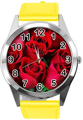 TAPORT Yellow Leather Round Watch for Flowers Fans e2