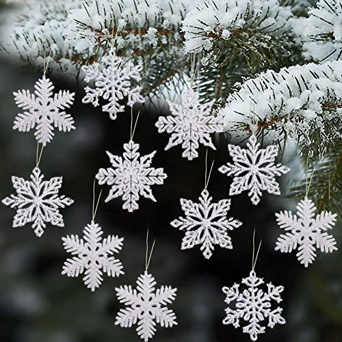 Schneeflocken Weihnachten Deko, 24 Stück Glitter Schneeflockendeko Mit Seilen, Christbaumschmuck, Aufhängen Schneeflocken Anhänger (Silber)