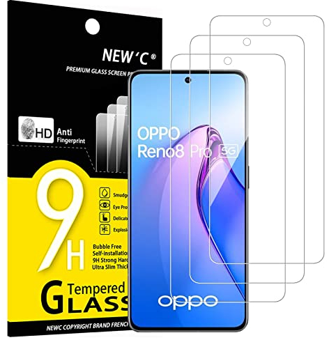 NEW'C 3 Pezzi, Vetro Temperato per OPPO Reno 8 Pro 5G, Pellicola Prottetiva Anti Graffio, Anti-Impronte, Senza Bolle, Durezza 9H, 0,33mm Ultra Trasparente, Ultra Resistente